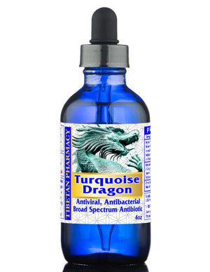 Bottle of Turquoise Dragon natural antibiotic, highlighting its full-spectrum properties to combat gram-positive and gram-negative bacteria.
