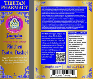 Rinchen Tsotru Dashel Pills label detailing detox benefits, Tibetan herbal ingredients, and usage instructions for liver and circulation support.