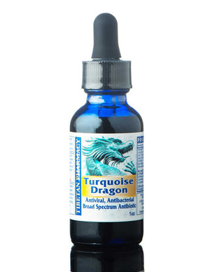 Turquoise Dragon natural antibiotic by Jampha, showcasing its herbal formula featuring a blend of 22 herbs effective against bacterial and viral infections.