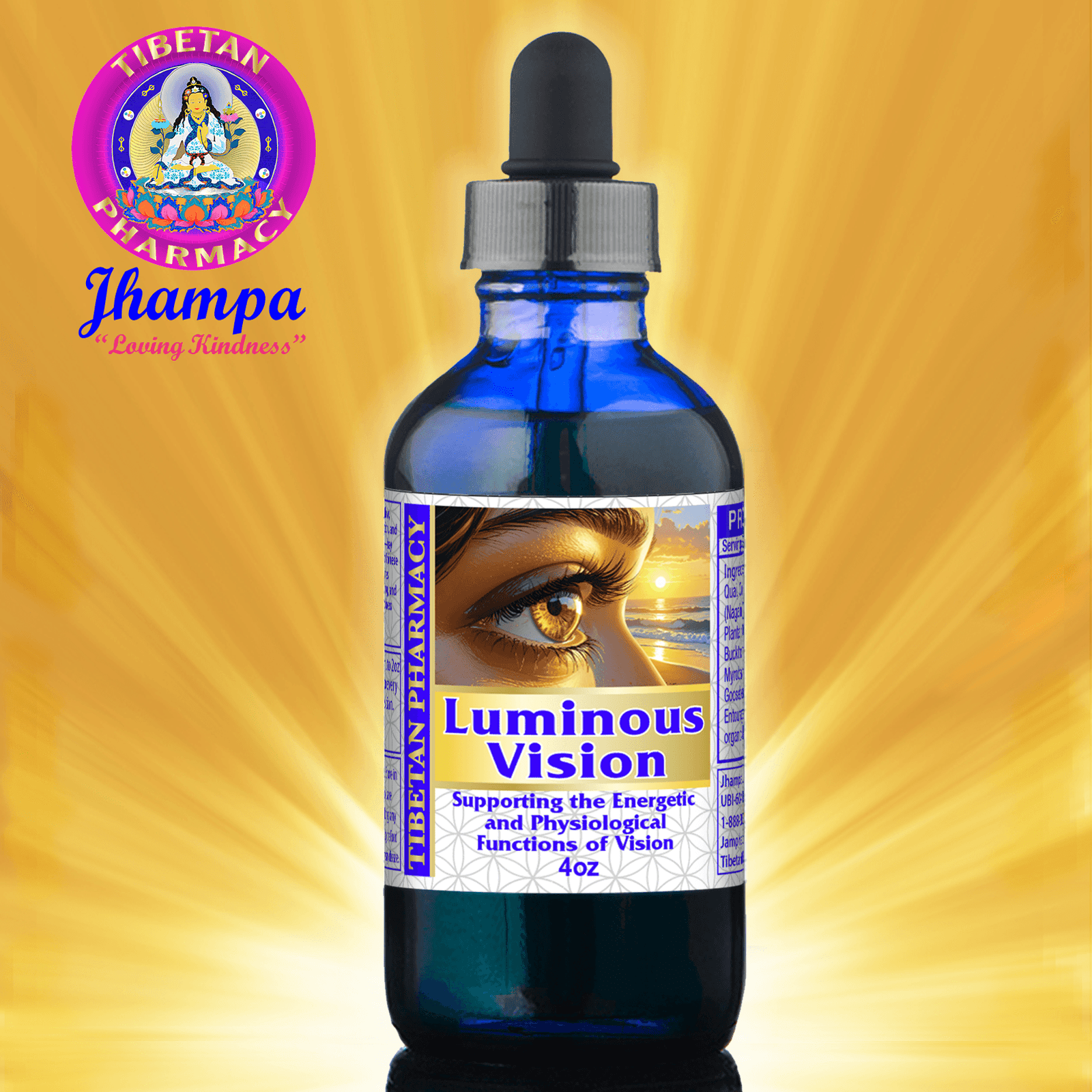 Ultimate Eye Health Supplement - Vision Support 4oz bottle with blue glass and dropper, promoting energetic and physiological eye function.