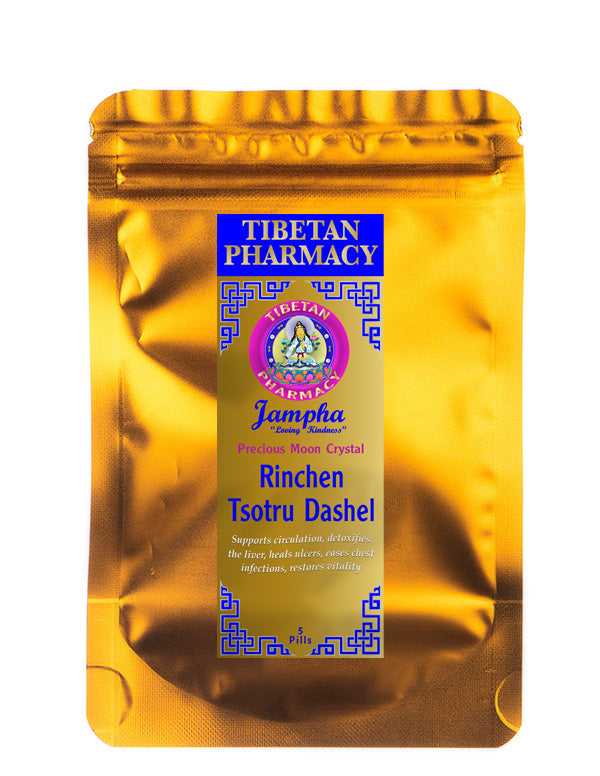 Rinchen Tsotru Dashel Pills label detailing detox benefits, Tibetan herbal ingredients, and usage instructions for liver and circulation support.